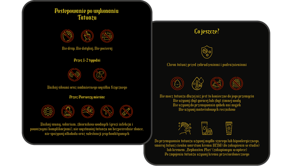 Infografika zatytułowana „Bez nazwy-2” autorstwa 7sinstattoo.pl oferuje instrukcje pielęgnacji po zrobieniu tatuażu od renomowanego studia Seven Sins Tattoo w Poznaniu w języku polskim. Lewa sekcja przedstawia kroki, które należy wykonać natychmiast po zrobieniu tatuażu, w ciągu pierwszych dwóch tygodni i do trzech miesięcy po zrobieniu tatuażu. Prawa sekcja zawiera listę czynności i produktów, których należy unikać po zrobieniu tatuażu, a ikony wyróżniają czynności, na które należy uważać. Projekt ma czarne tło z żółtym i czerwonym tekstem.